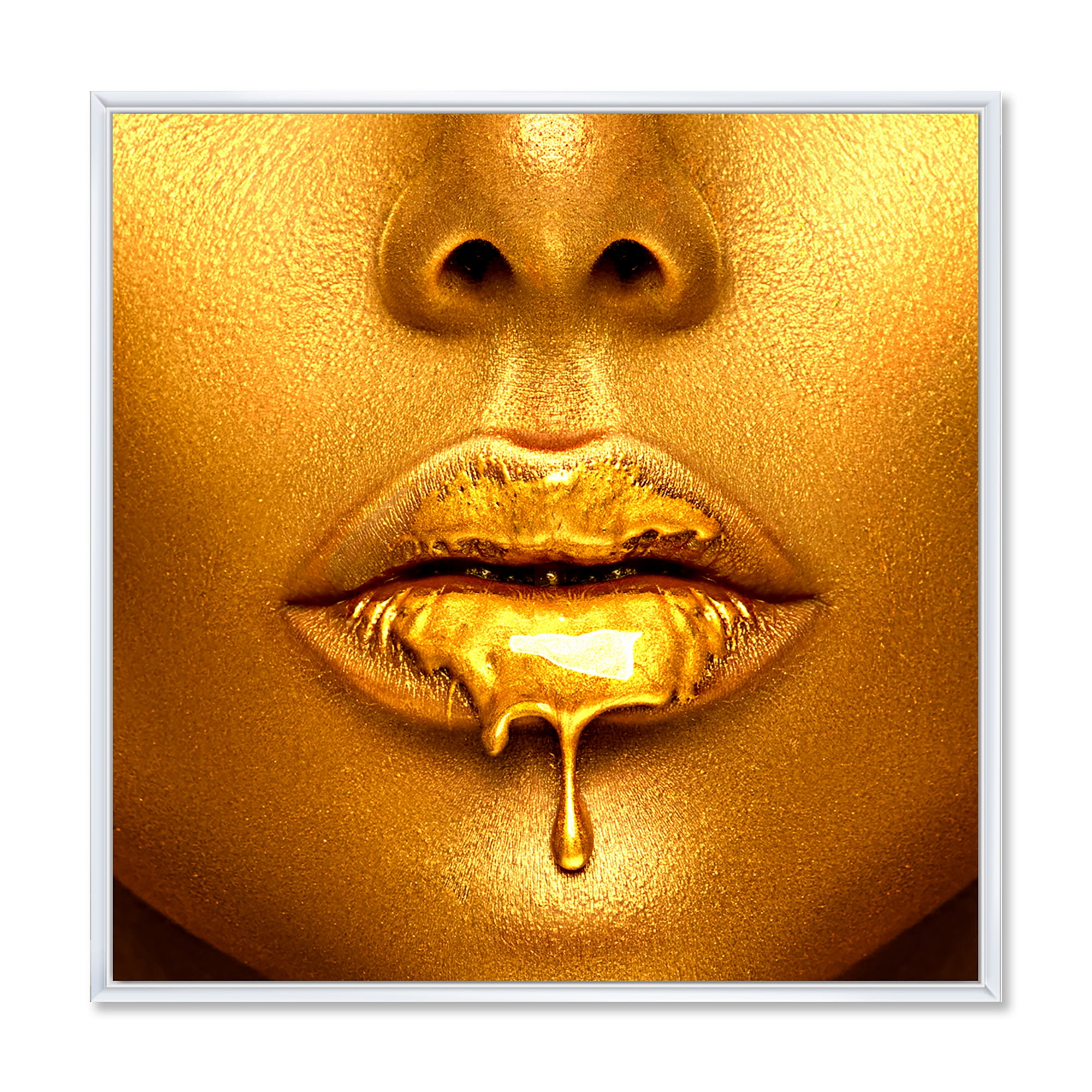 Designart 'Gold Paint Drips From Sexy Girl Lips' Modern Framed Canvas Wall Art Print