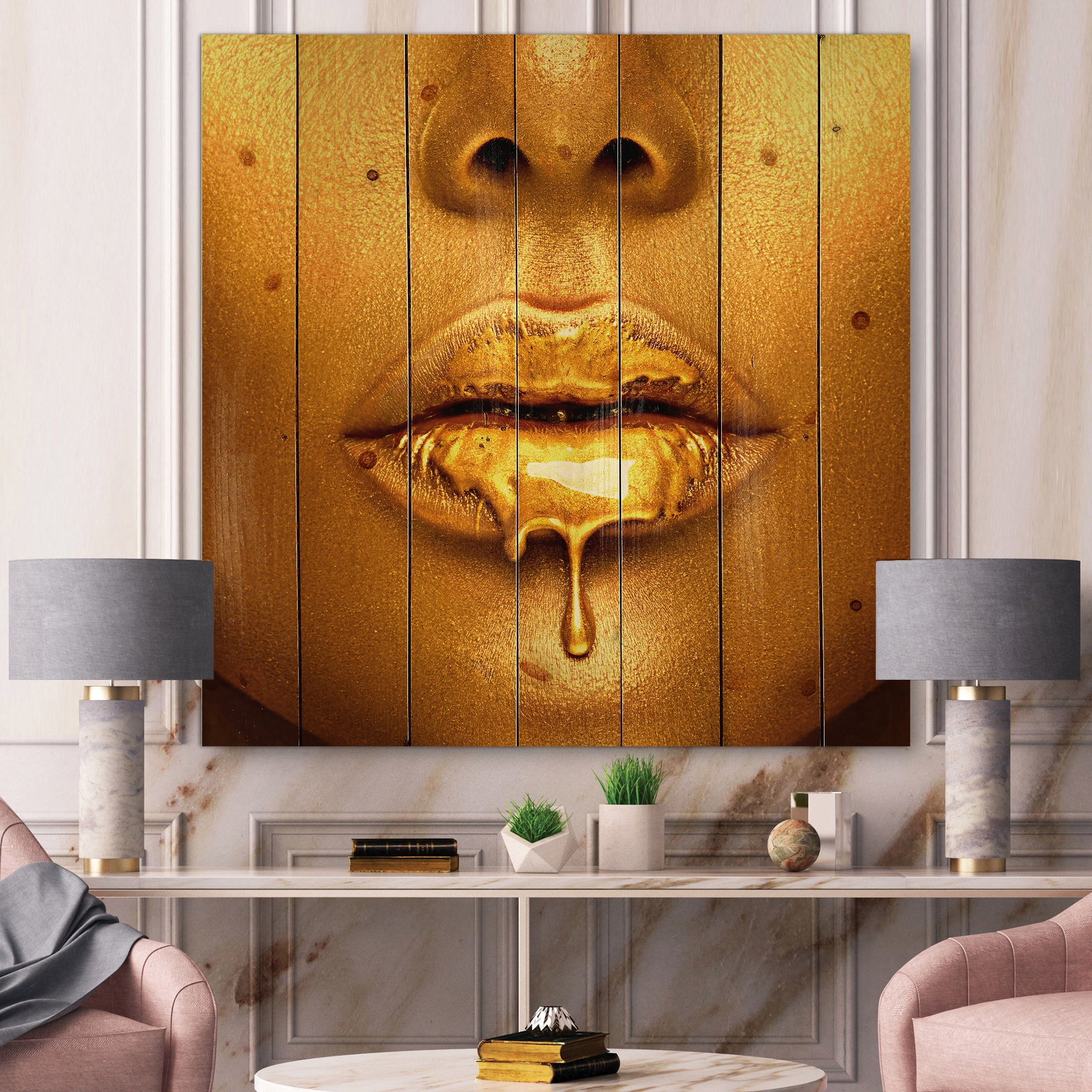 Designart 'Gold Paint Drips From Sexy Girl Lips' Modern Print on Natural Pine Wood
