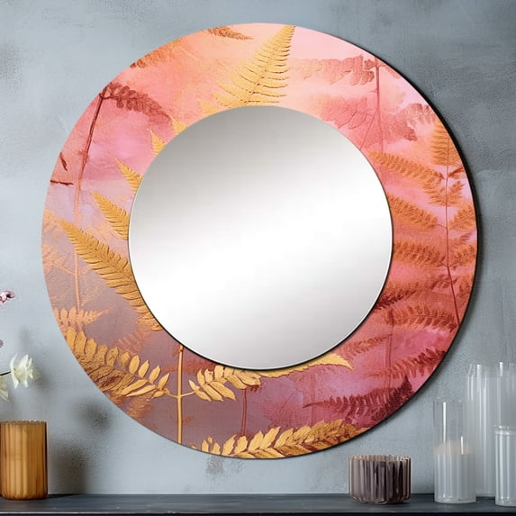 Designart "Gold Pink Fern Fonds Glamorous Foliage" Floral Rund Mirror For Wall Decor - Large Gold Round Print Mirror - Round Modern Mirror - Wall Mounted Round Large Mirror - 36" x 36"