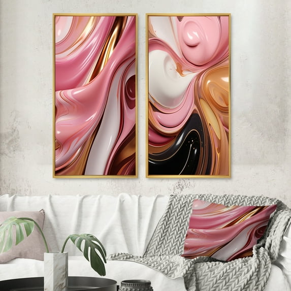 Designart "Gold Pink Succulent Alchemy Liquid Glam" Abstract Shapes Framed Wall Art Set Of 2 - Transitional Gold Gallery Wall Frame Set For Home Decor