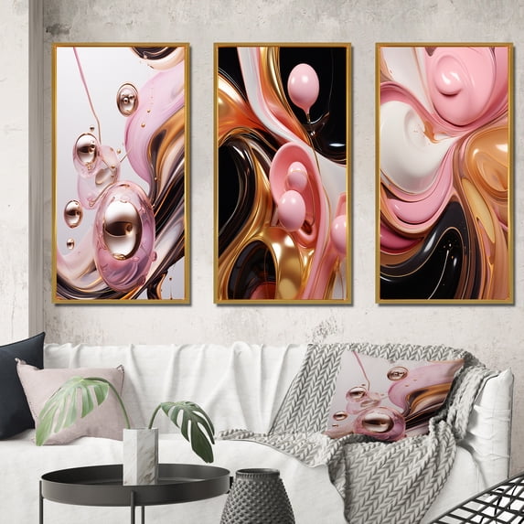 Designart "Gold Pink Succulent Alchemy Liquid Glam III" Abstract Shapes Framed Wall Art Set Of 3 - Gold Transitional Frame Gallery Set For Office Decor