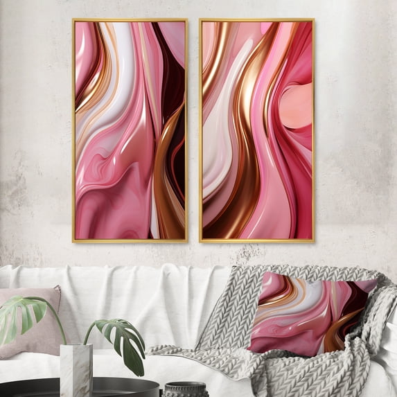 Designart "Gold Pink Succulent Alchemy Liquid Glam VI" Abstract Shapes Framed Wall Art Set Of 2 - Transitional Gold Frame Gallery Set For Office Decor