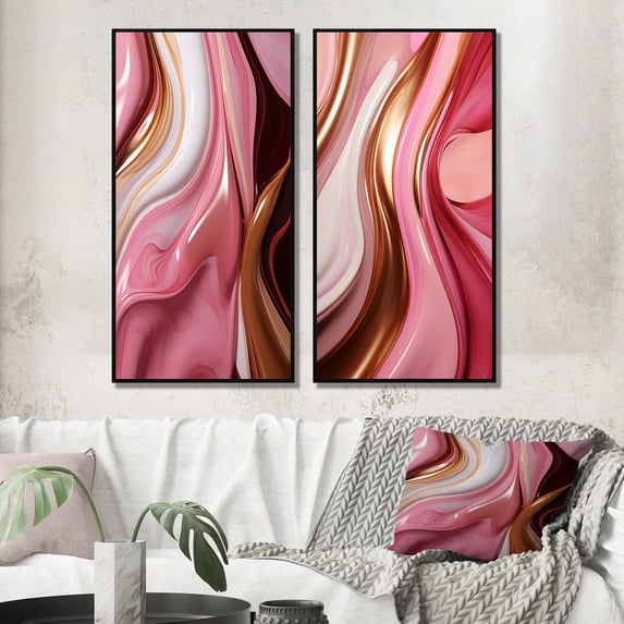 Designart "Gold Pink Succulent Alchemy Liquid Glam VI" Abstract Shapes Framed Wall Art Set Of 2 - Transitional Gold Frame Gallery Set For Office Decor