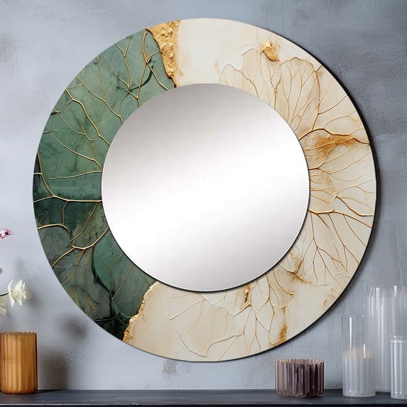 Designart "Gold Pottery in Green Minimalism I" Abstract Spirals Round Mirror Wall Decor Modern - Large Green Round Office Mirror - Round Mirror - 23" x 23"