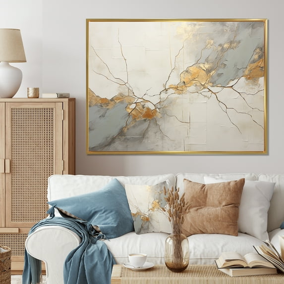 Designart "Gold Pottery In Beige Minimalism I" Abstract Spirals Floater Framed Wall Art Living Room