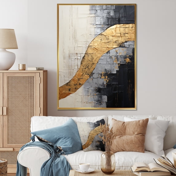 Designart "Gold Pottery In Gray Minimalism" Abstract Spirals Floater Framed Wall Decor