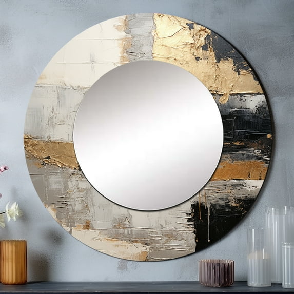 Designart "Gold Pottery In Gray Minimalism" Abstract Spirals Rund Mirror For Wall Decor - Large Grey Round Printed Mirror -Modern Round Living Room Mirror - 23" x 23"