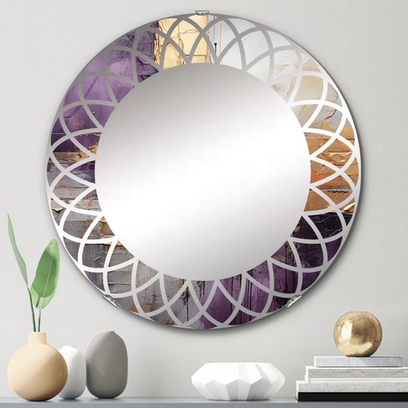 Designart "Gold Purple Fractal III" Modern Round Wall Mirror - Abstract Oval Mirror