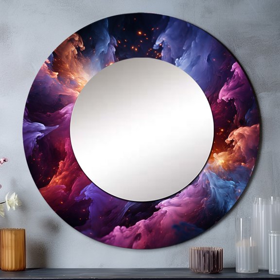Designart "Gold Purple Fractal Interstellar Dreams" Fractals Gold Large Round Mirror - Round Mirror Wall Décor - Industrial Round Printed Mirror 29" x 29" Inch