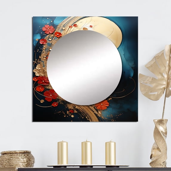 Designart "Gold Red Fractal Gold And Red" Modern Gold Large Square Mirror - Square Bedroom Mirror Printed Wall Decor - Transitional Square Printed Wall Mirror Art