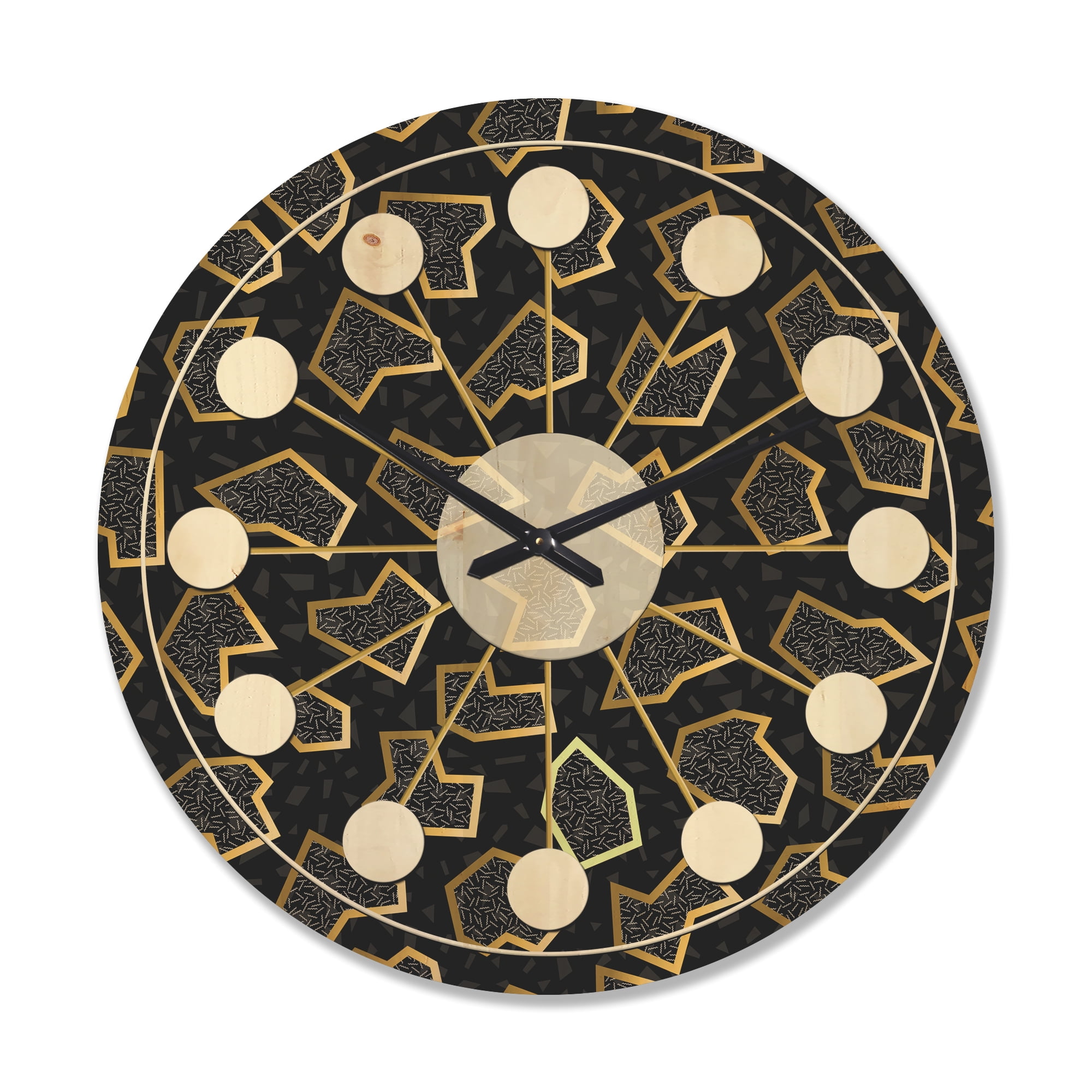 Designart 'Gold Shapes Retro Pattern' Mid-Century Modern Wood Wall Clock