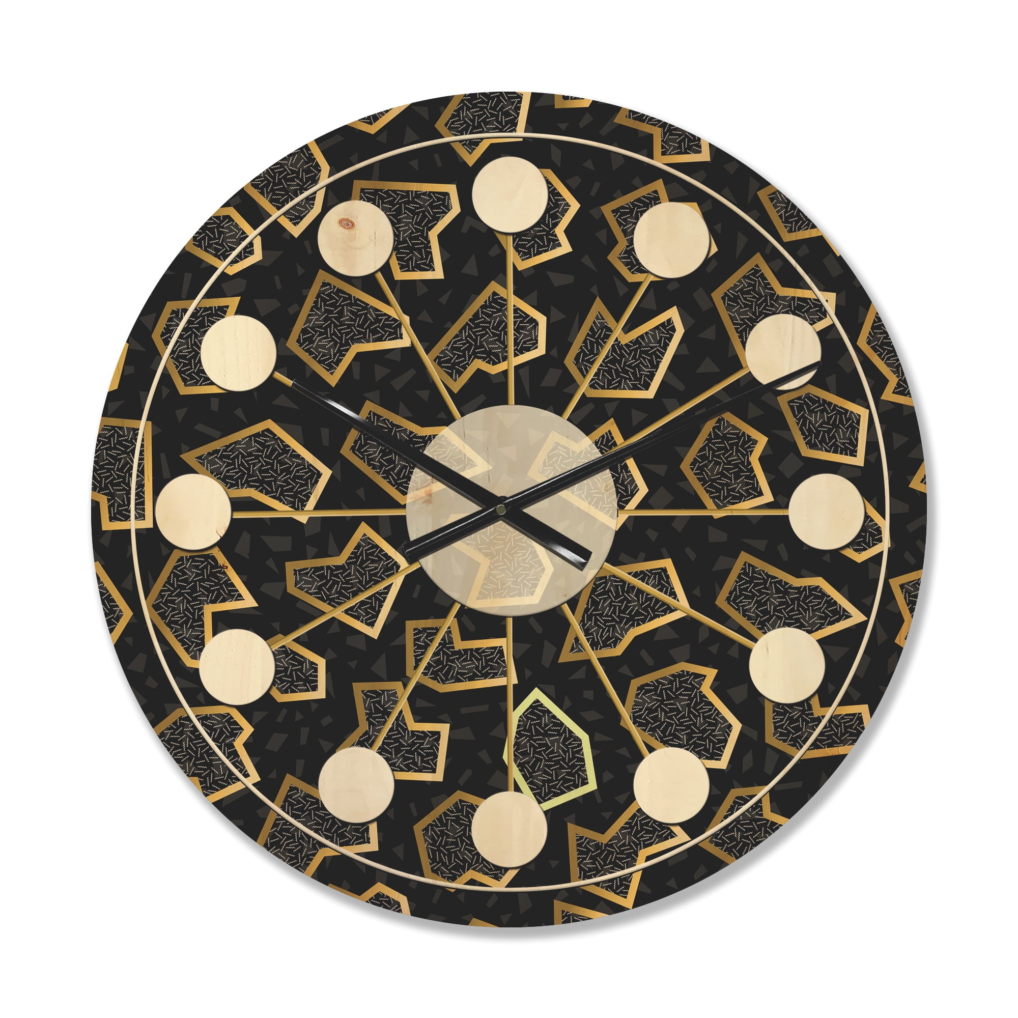 Designart 'Gold Shapes Retro Pattern' Mid-Century Modern Wood Wall Clock