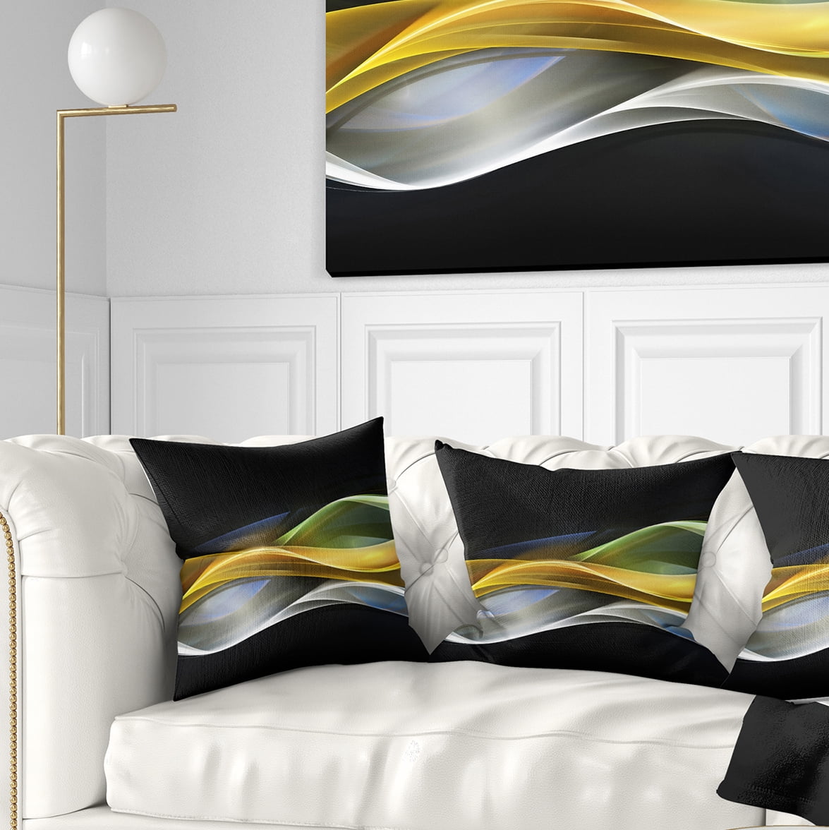 Designart Gold Silver Straight Yellow Lines - Abstract Throw Pillow - 16x16
