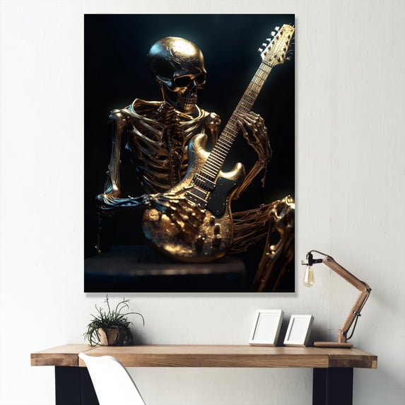 Designart "Gold Skeleton Rocking Out" Fashion Canvas Wall Art