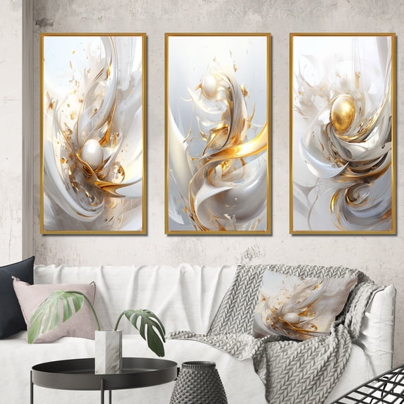 Designart "Gold Sphere on White Fractal Delight II" Fractals Framed Wall Art Set Of 3 - Gold Transitional Frame Gallery Wall Set For Home Decor