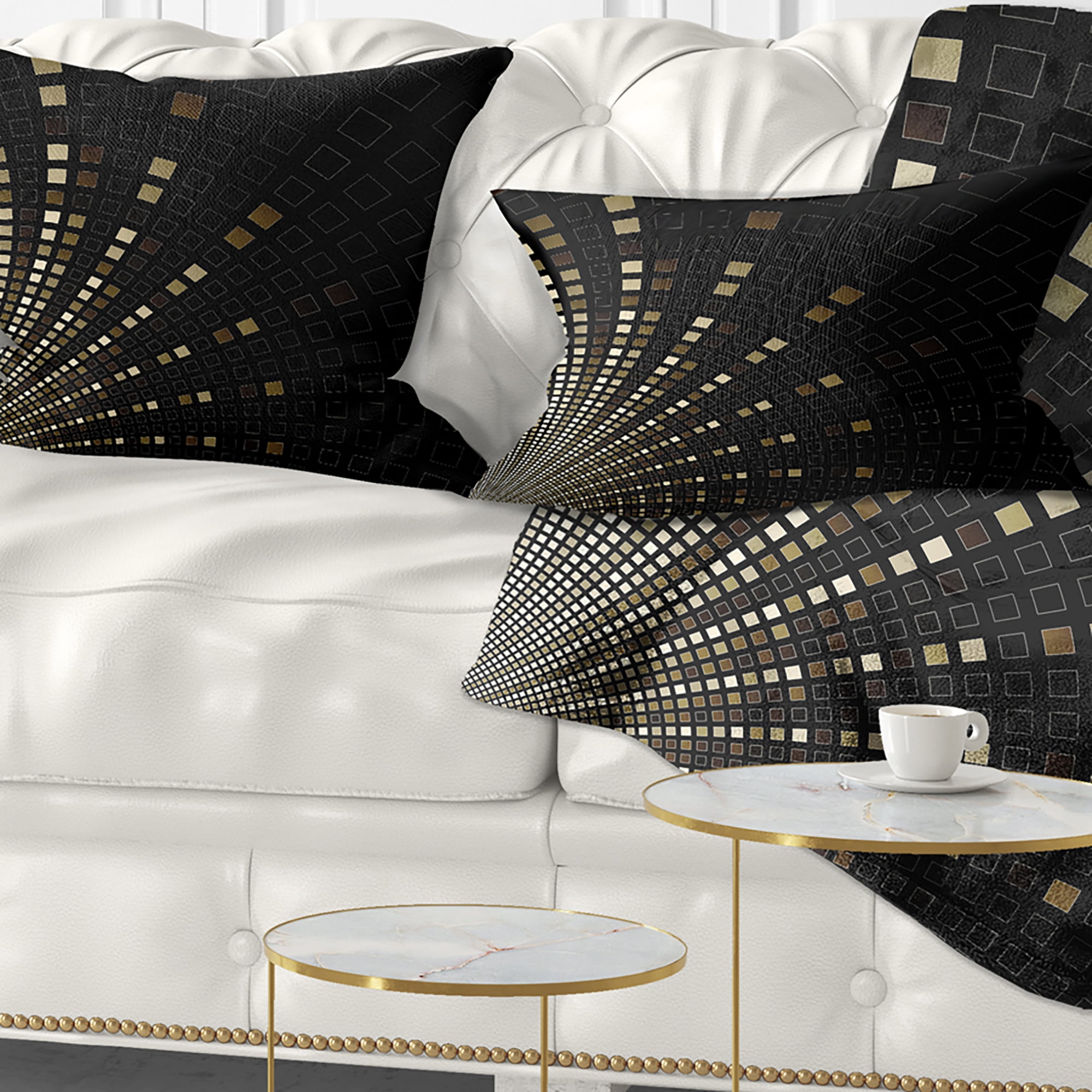 Designart Gold Square Pixel Mosaic on Black - Abstract Throw Pillow - 12x20