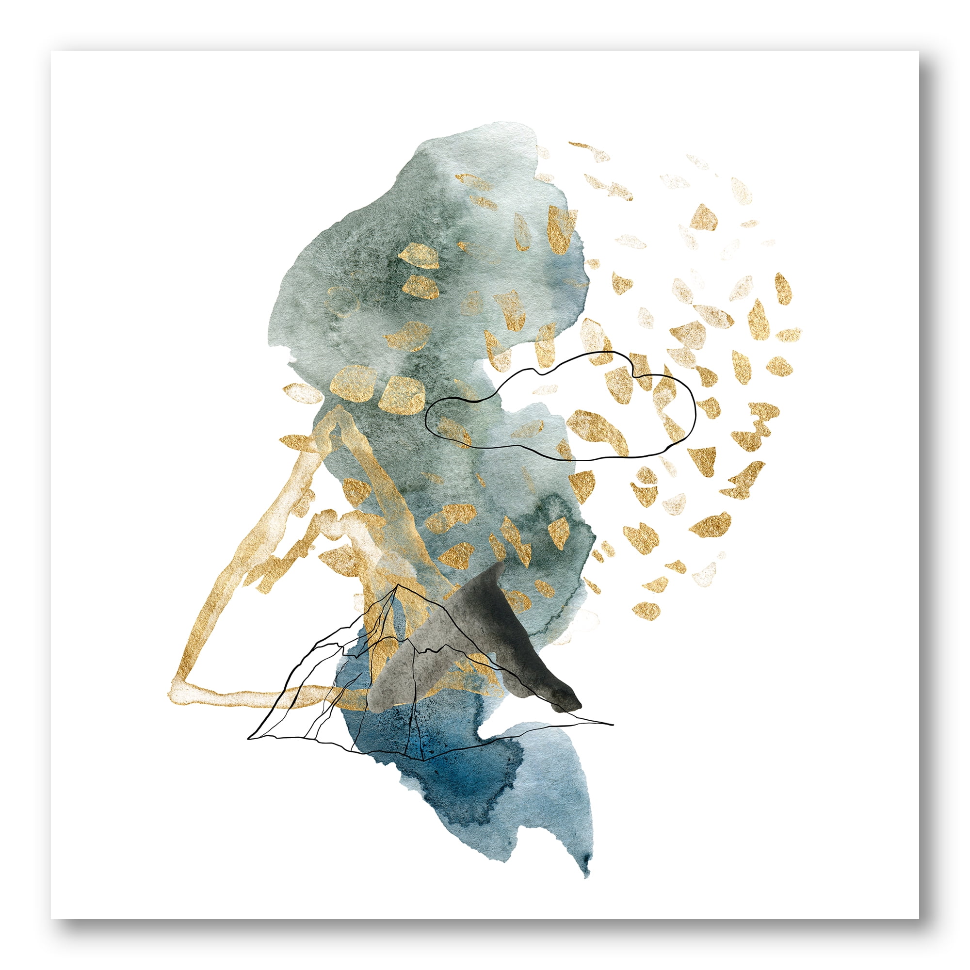 Designart ' Gold Strokes and Landscape of Dark Blue Mountains I ' Modern Canvas Wall Art Print