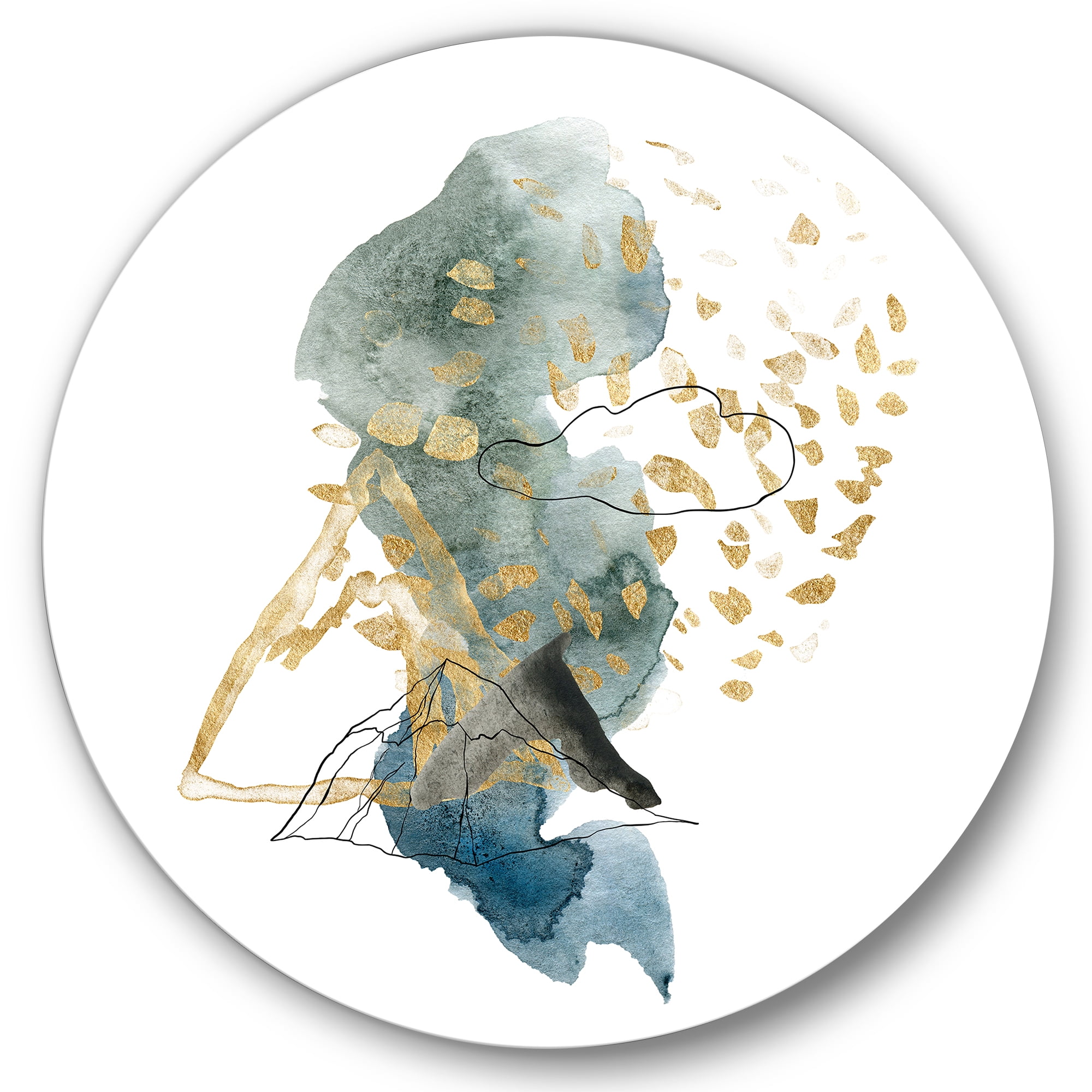 Designart 'Gold Strokes and Landscape of Dark Blue Mountains I' Modern Circle Metal Wall Art 29x29 - Disc of 29