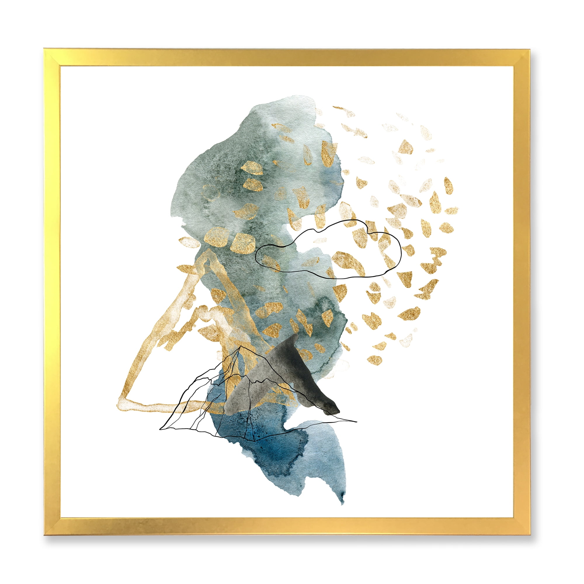 Designart 'Gold Strokes and Landscape of Dark Blue Mountains I' Modern Framed Art Print