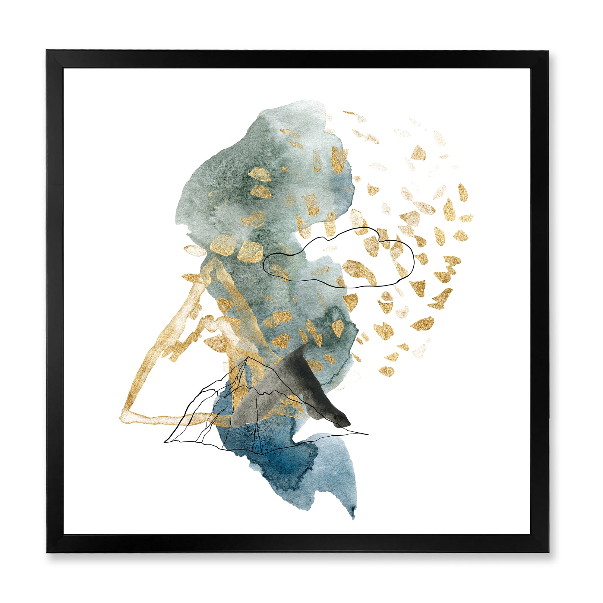 Designart 'Gold Strokes and Landscape of Dark Blue Mountains I' Modern Framed Art Print