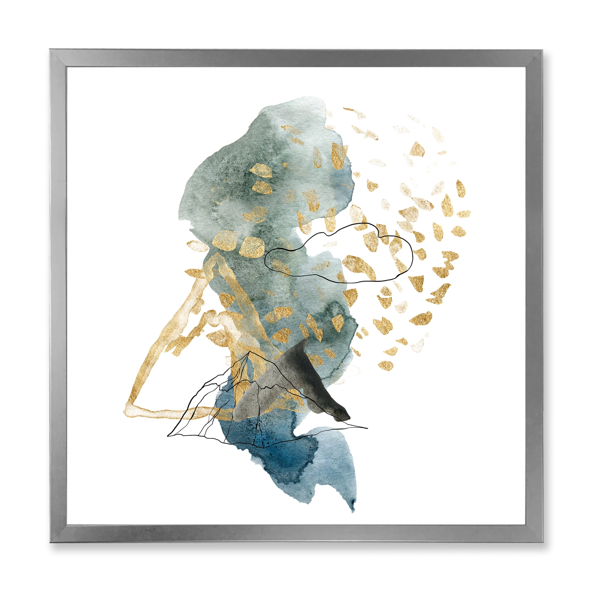 Designart 'Gold Strokes and Landscape of Dark Blue Mountains I' Modern Framed Art Print