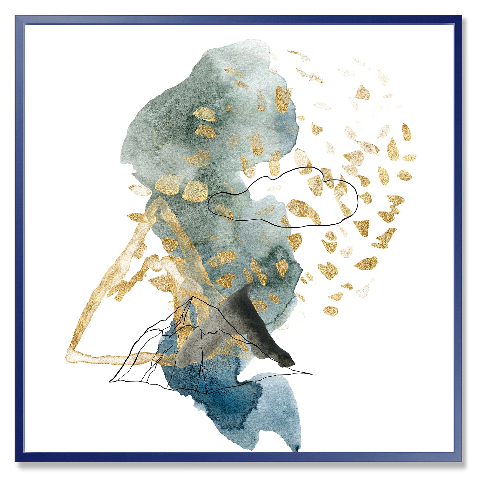 Designart 'Gold Strokes and Landscape of Dark Blue Mountains I' Modern Framed Canvas Wall Art Print