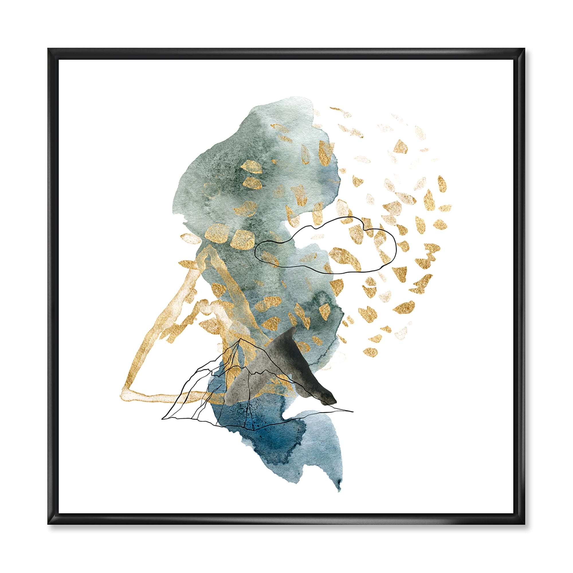 Designart 'Gold Strokes and Landscape of Dark Blue Mountains I' Modern Framed Canvas Wall Art Print