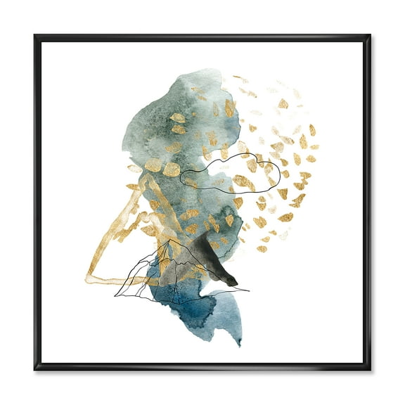 Designart 'Gold Strokes and Landscape of Dark Blue Mountains I' Modern Framed Canvas Wall Art Print