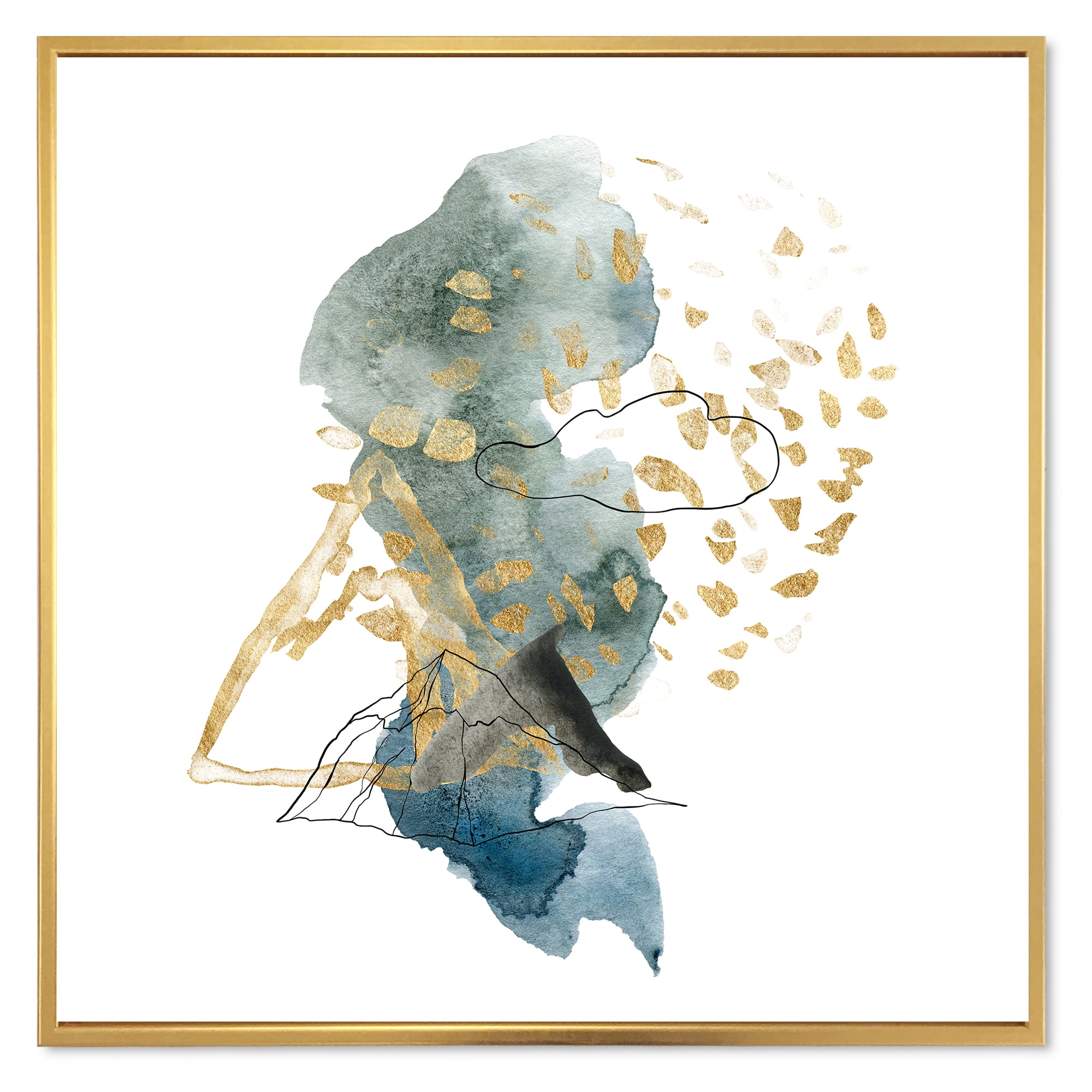 Designart 'Gold Strokes and Landscape of Dark Blue Mountains I' Modern Framed Canvas Wall Art Print