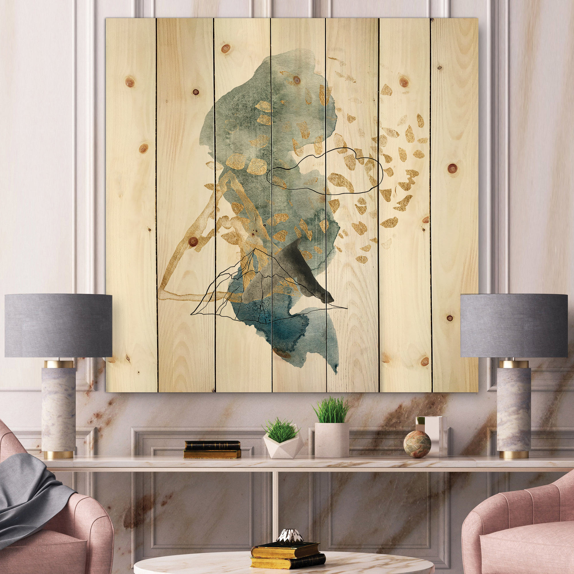 Designart 'Gold Strokes and Landscape of Dark Blue Mountains I' Modern Print on Natural Pine Wood