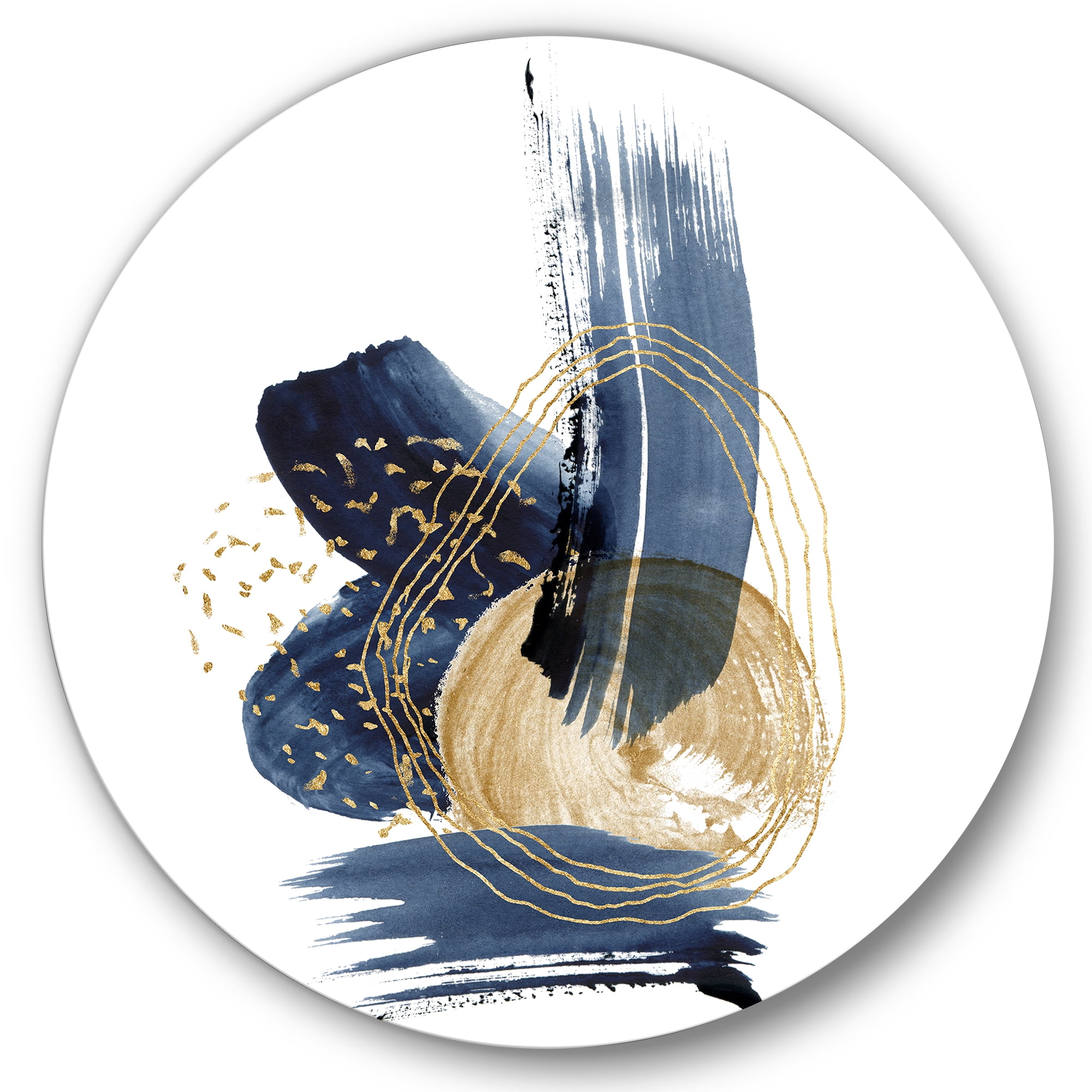 Designart 'Gold Strokes and Landscape of Dark Blue Mountains II' Modern Circle Metal Wall Art 36x36 - Disc of 36