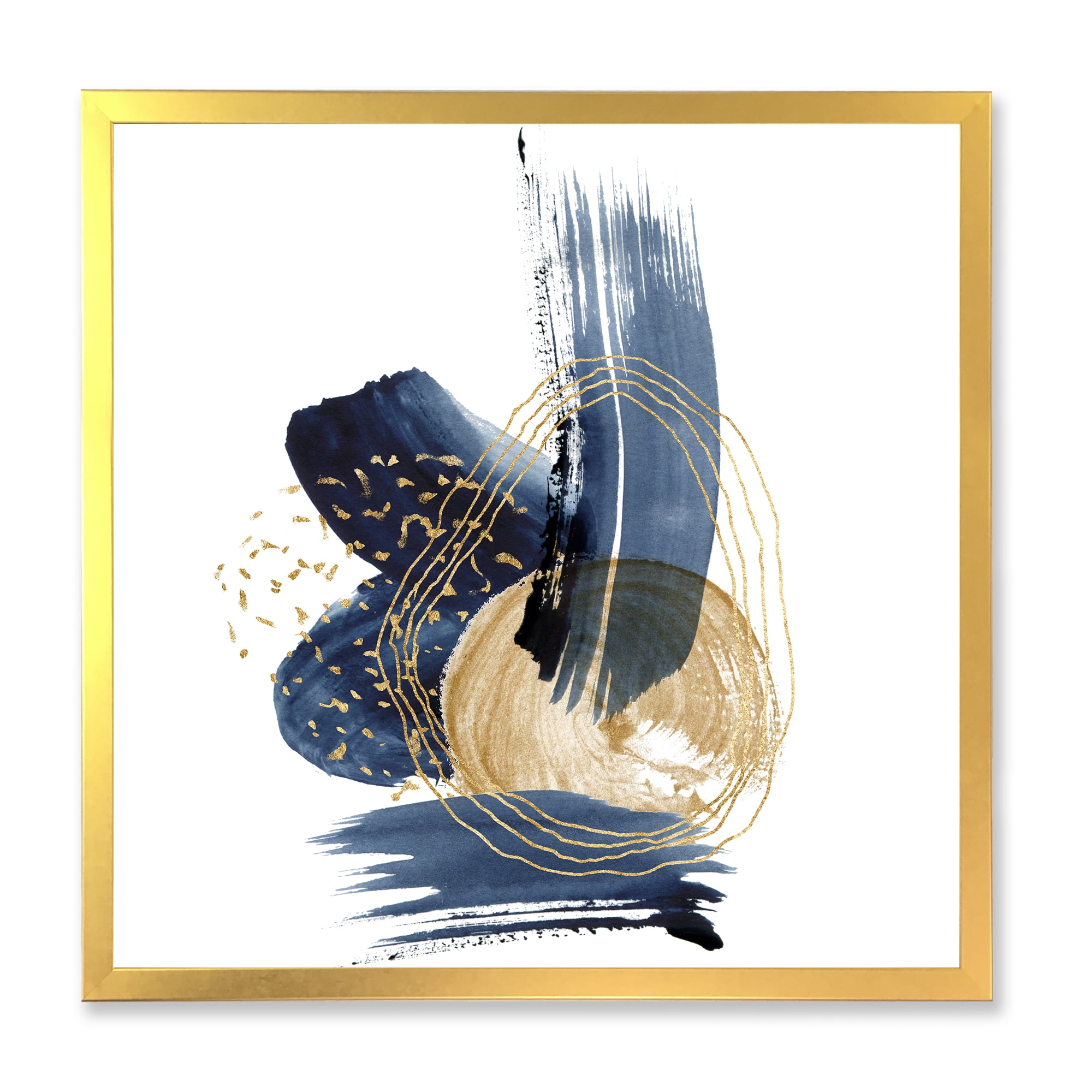 Designart 'Gold Strokes and Landscape of Dark Blue Mountains II' Modern Framed Art Print