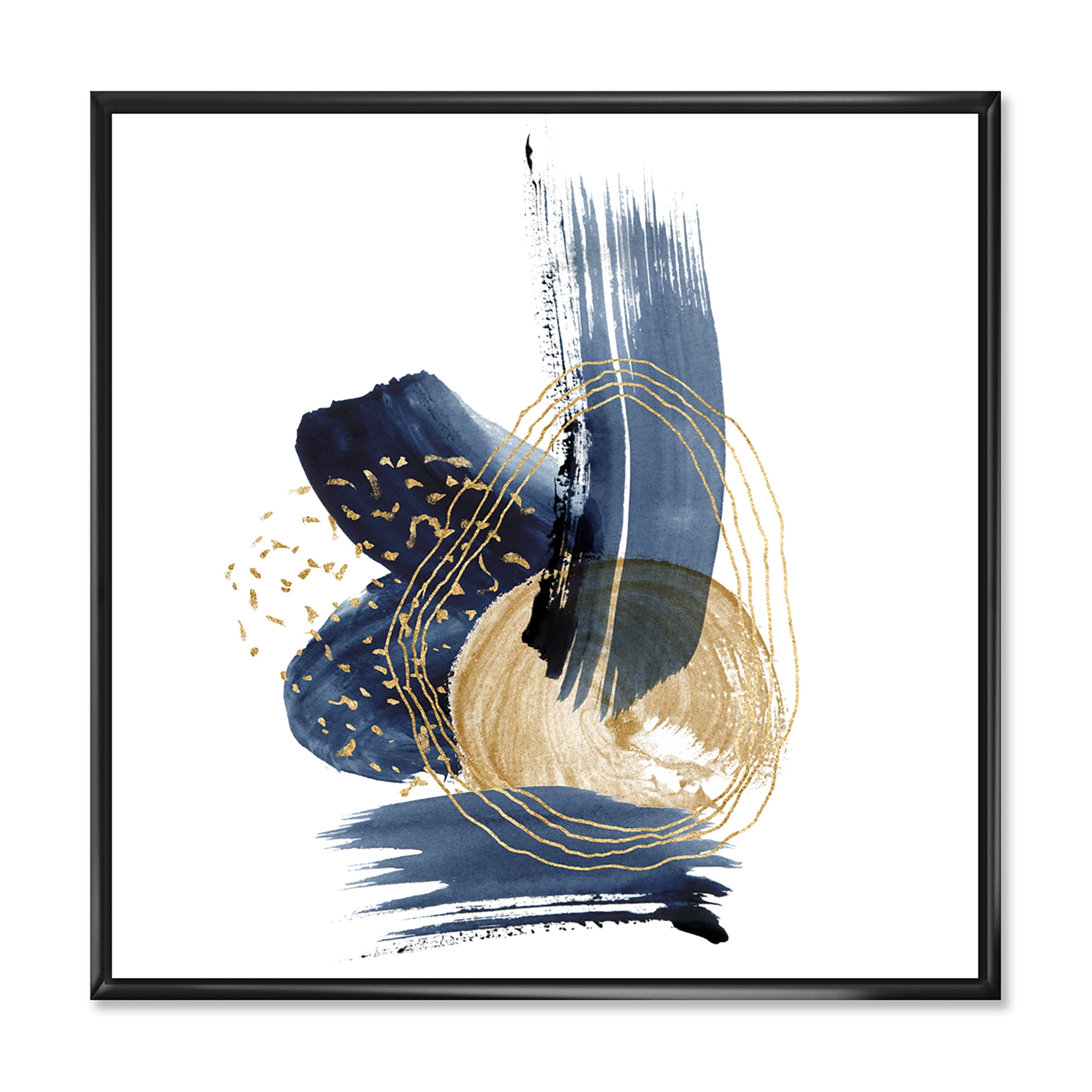 Designart 'Gold Strokes and Landscape of Dark Blue Mountains II' Modern Framed Canvas Wall Art Print