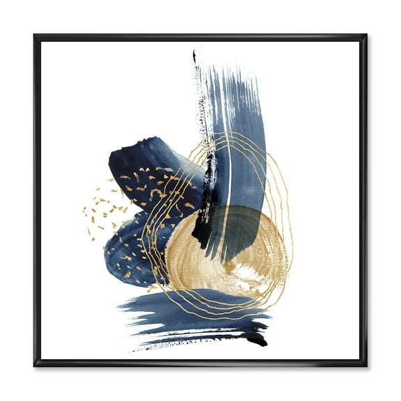 Designart 'Gold Strokes and Landscape of Dark Blue Mountains II' Modern Framed Canvas Wall Art Print