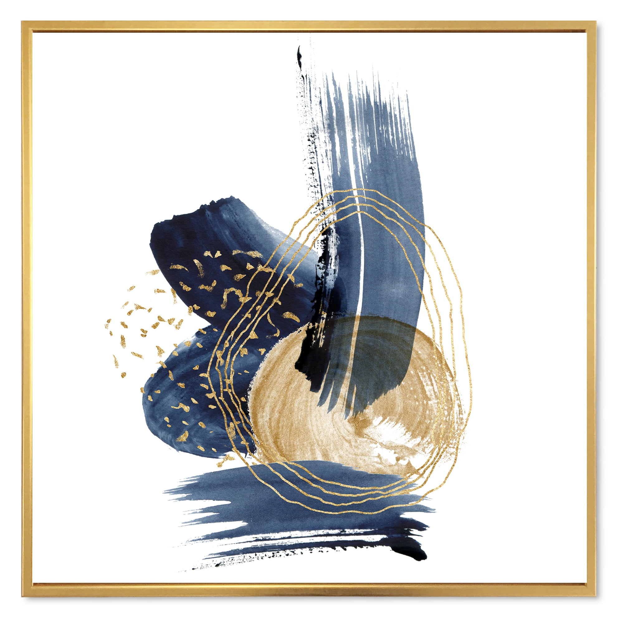 Designart 'Gold Strokes and Landscape of Dark Blue Mountains II' Modern Framed Canvas Wall Art Print