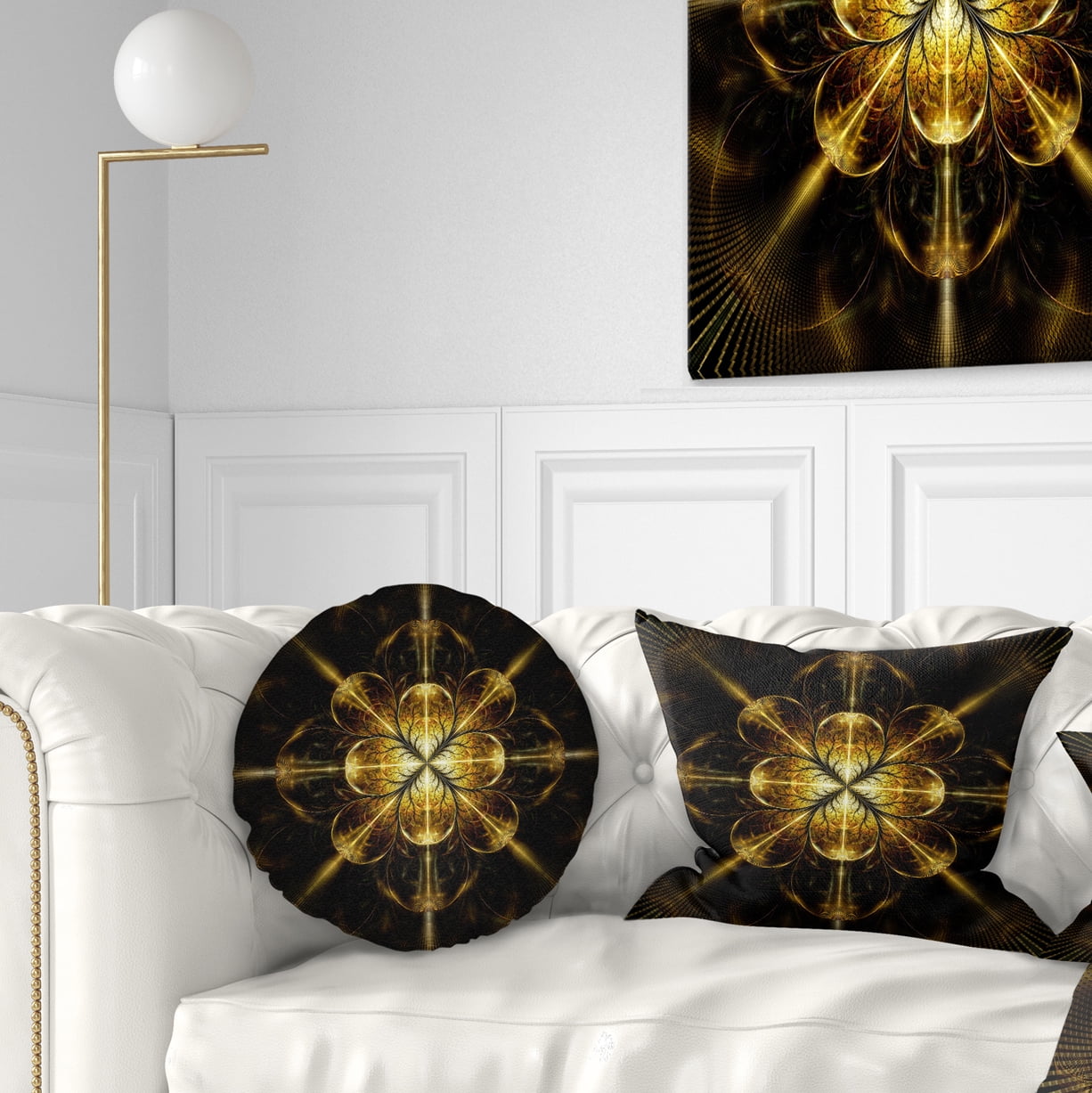 Designart Gold Symmetrical Large Fractal Flower - Floral Throw Pillow - 12x20