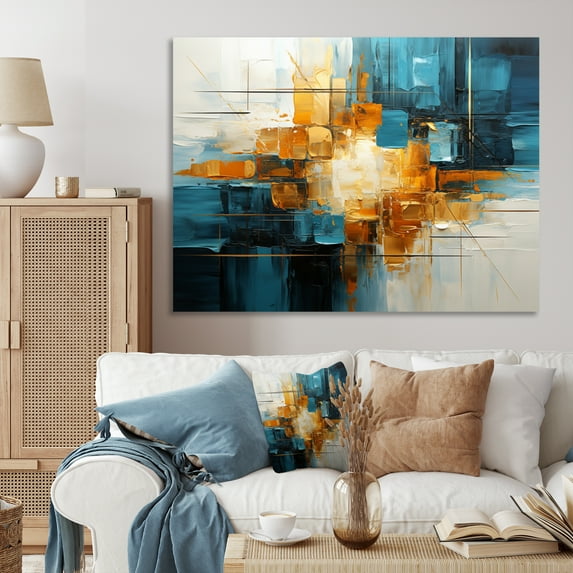 Designart "Gold Teal Abstract Fractal composition Reflections II" Modern Canvas Print