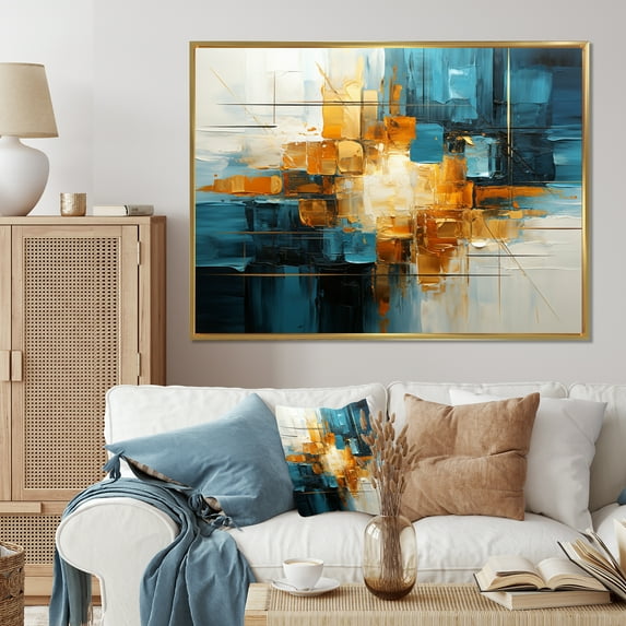 Designart "Gold Teal Abstract Fractal composition Reflections II" Modern Floater Framed Canvas Print
