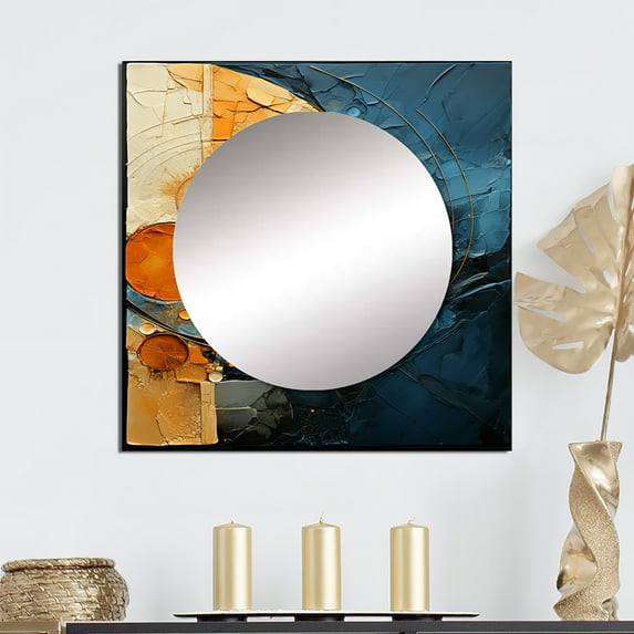 Designart "Gold Teal Abstract VORTEXs I" Abstract Square Mirror Wall Decor Transitional - Large Gold Square Bathroom Mirror - Square Printed Wall Mirror Art
