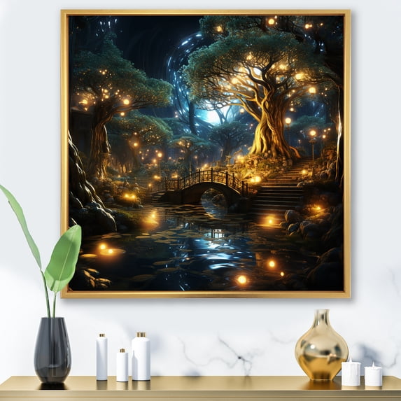 Designart "Gold Teal Fractal Enchanted Oasis" Modern Floater Framed Wall Decor