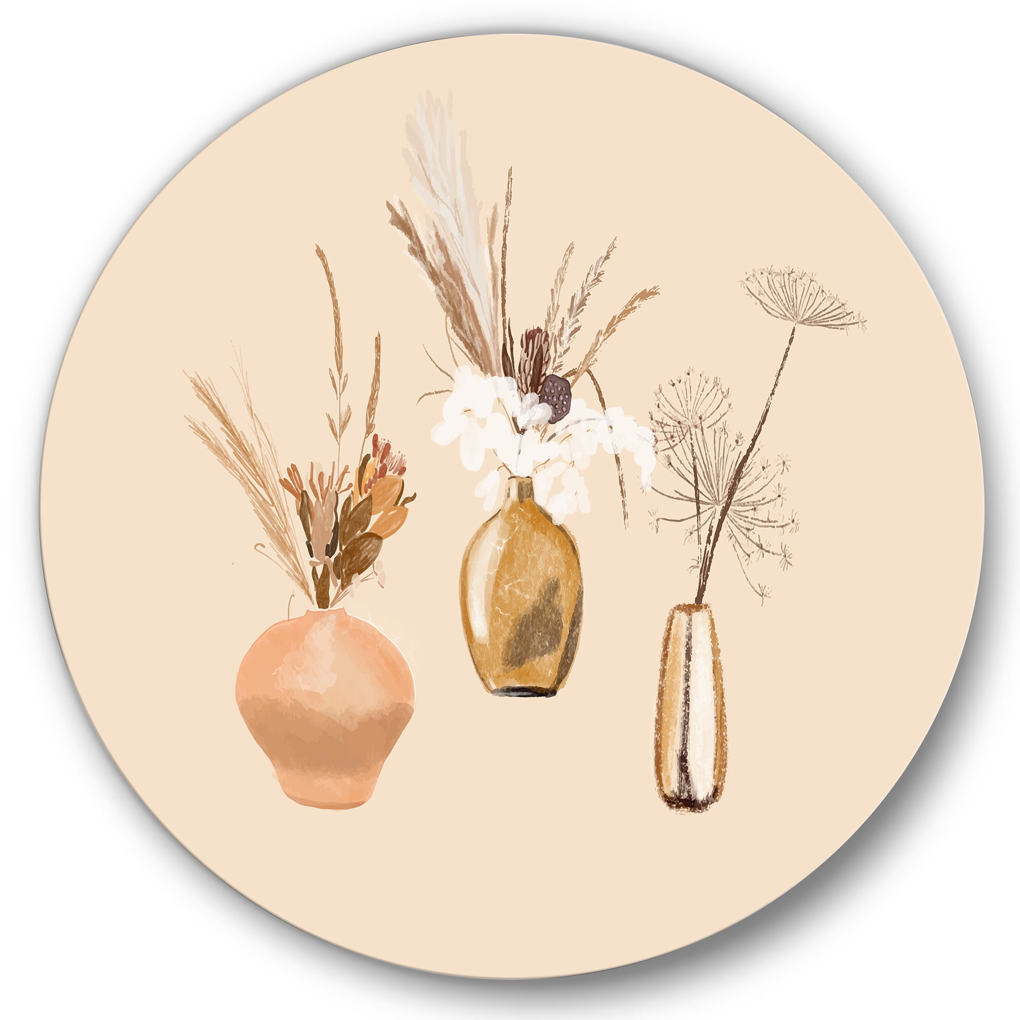 Designart 'Gold Vases With Bouquets Of Wildflowers I' Traditional Circle Metal Wall Art 36x36 - Disc of 36