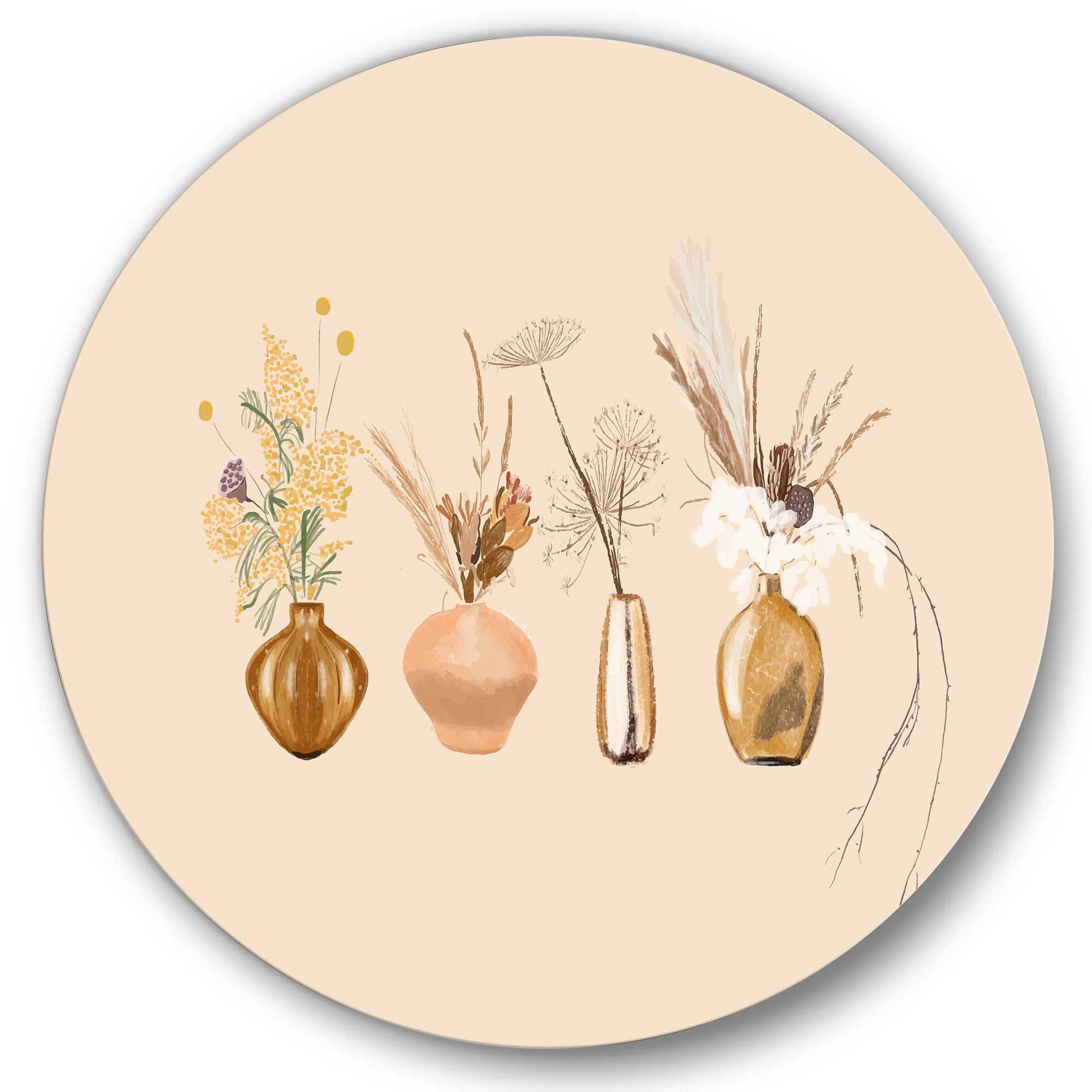 Designart 'Gold Vases With Bouquets Of Wildflowers II' Traditional Circle Metal Wall Art 11x11 - Disc of 11