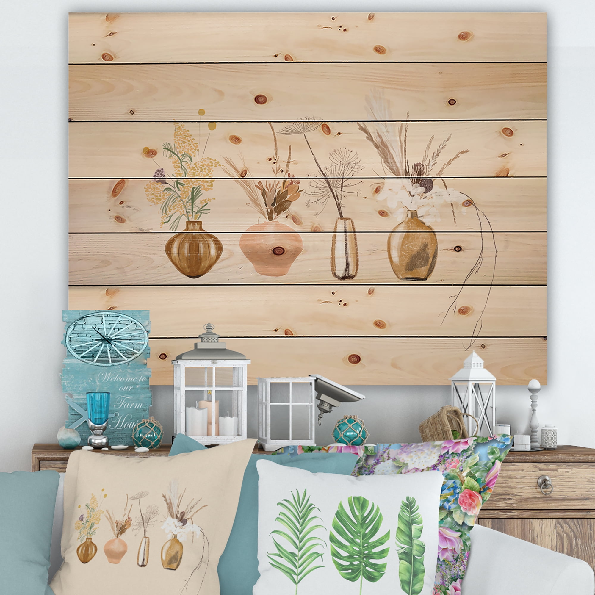 Designart 'Gold Vases With Bouquets Of Wildflowers II' Traditional Print on Natural Pine Wood