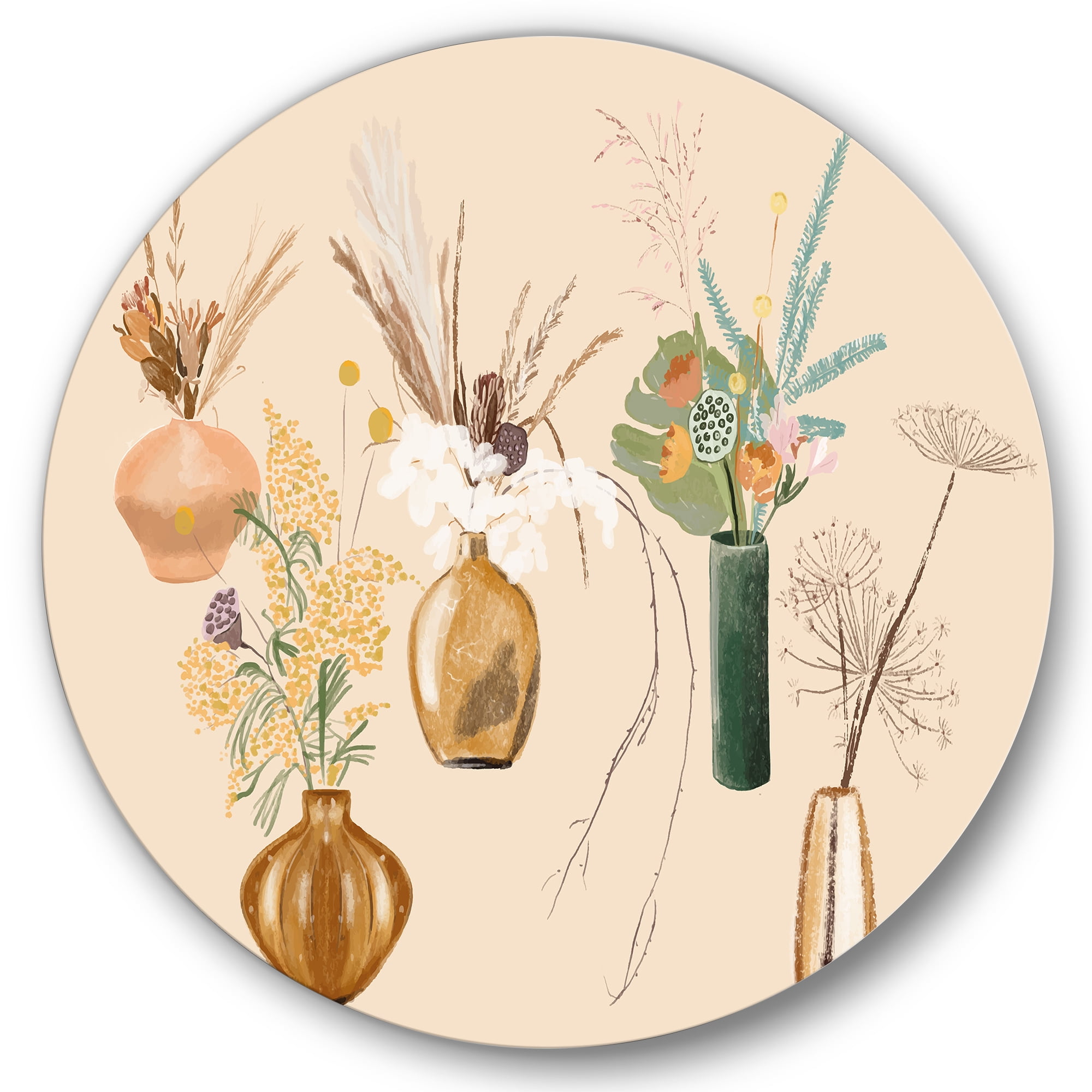 Designart 'Gold Vases With Bouquets Of Wildflowers III' Traditional Circle Metal Wall Art 11x11 - Disc of 11