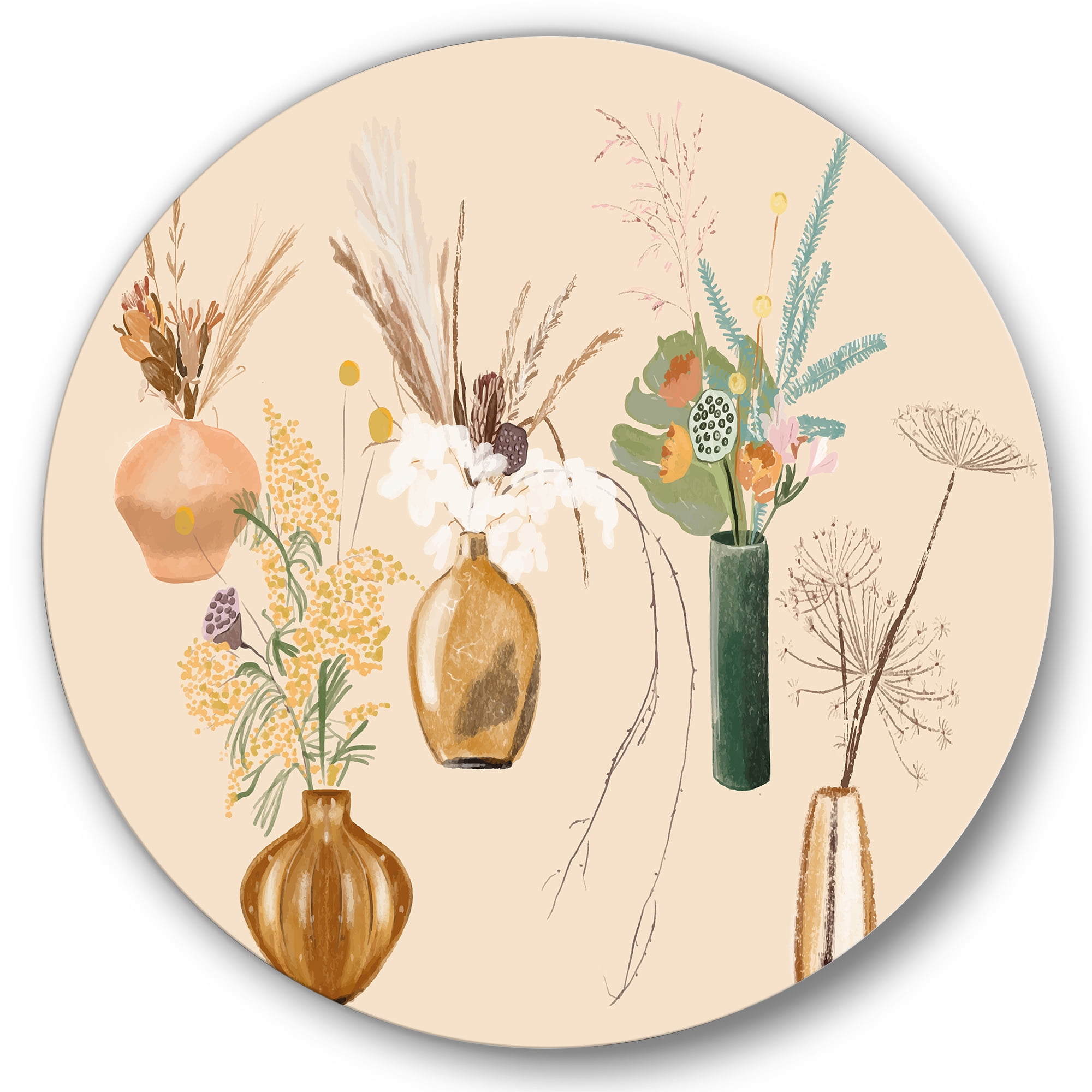 Designart 'Gold Vases With Bouquets Of Wildflowers III' Traditional Circle Metal Wall Art 29x29 - Disc of 29