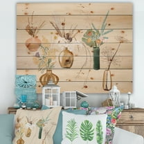 Designart 'Gold Vases With Bouquets Of Wildflowers III' Traditional Print on Natural Pine Wood