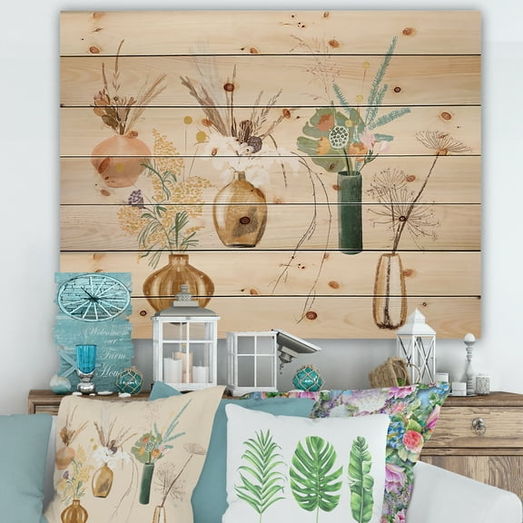 Designart 'Gold Vases With Bouquets Of Wildflowers III' Traditional Print on Natural Pine Wood
