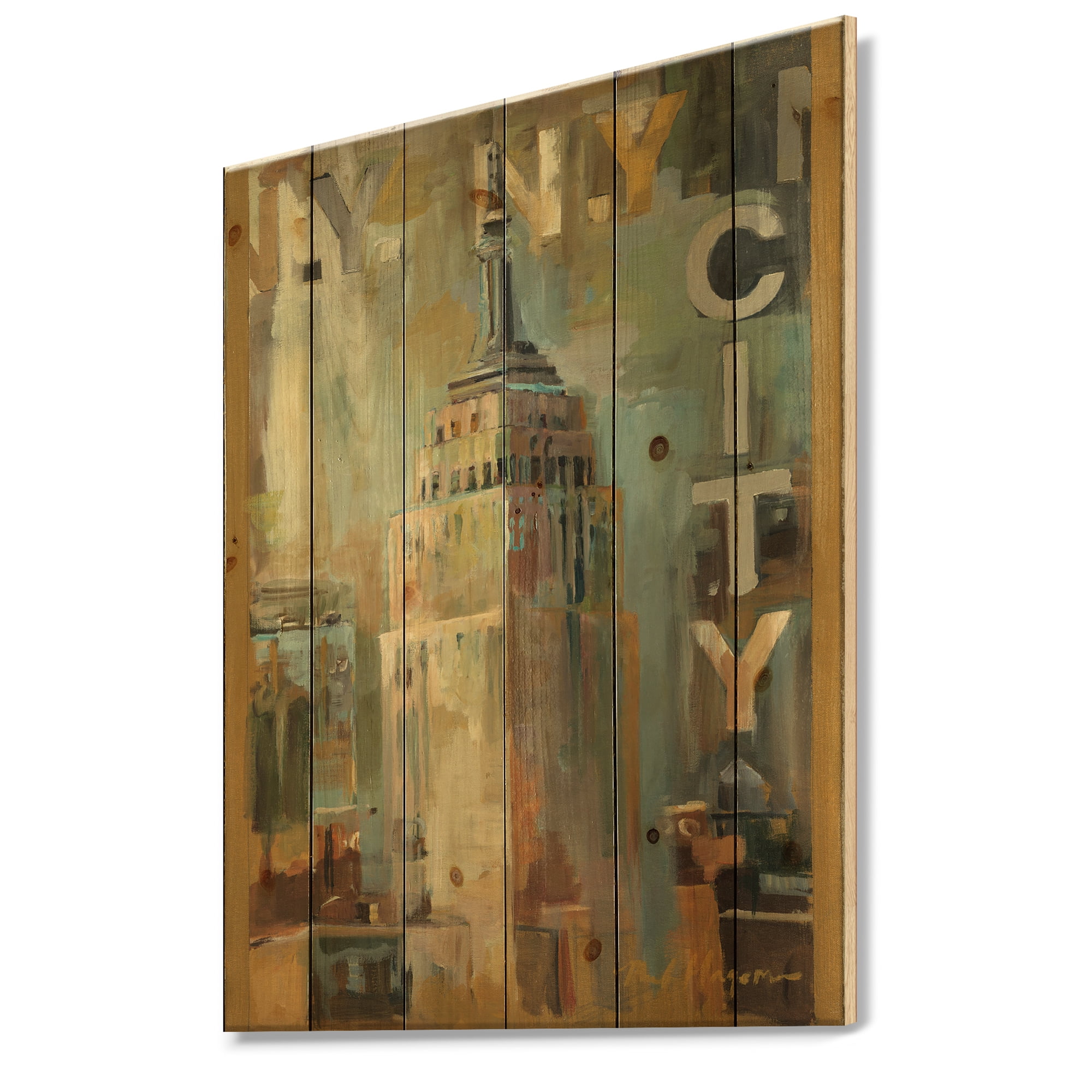 Designart 'Gold Vintage Empire State Building I' Vintage Architecture Print on Natural Pine Wood