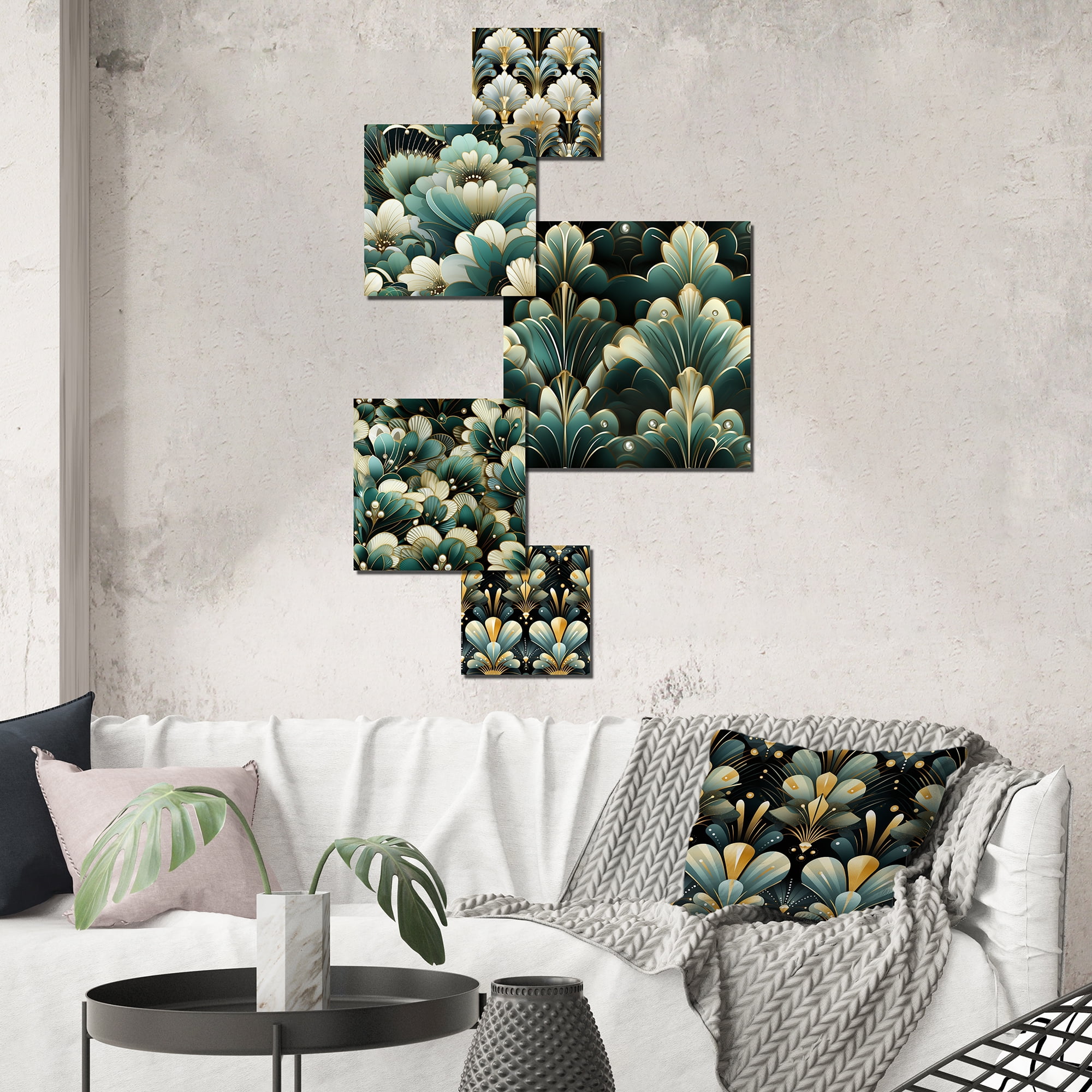 Gold and Turquoise Aluminum Bohemian Damask Wall Art Set, 76" x 37"