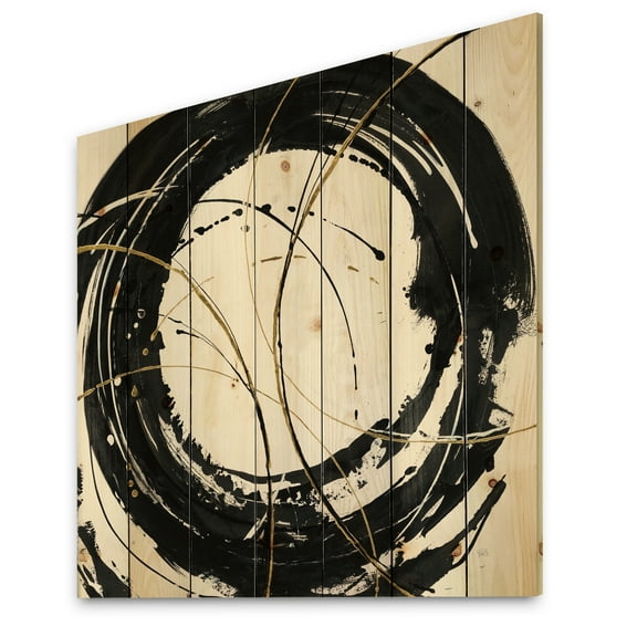 Designart 'Gold and Black Metallic Circle' Modern Glam Print on Natural Pine Wood